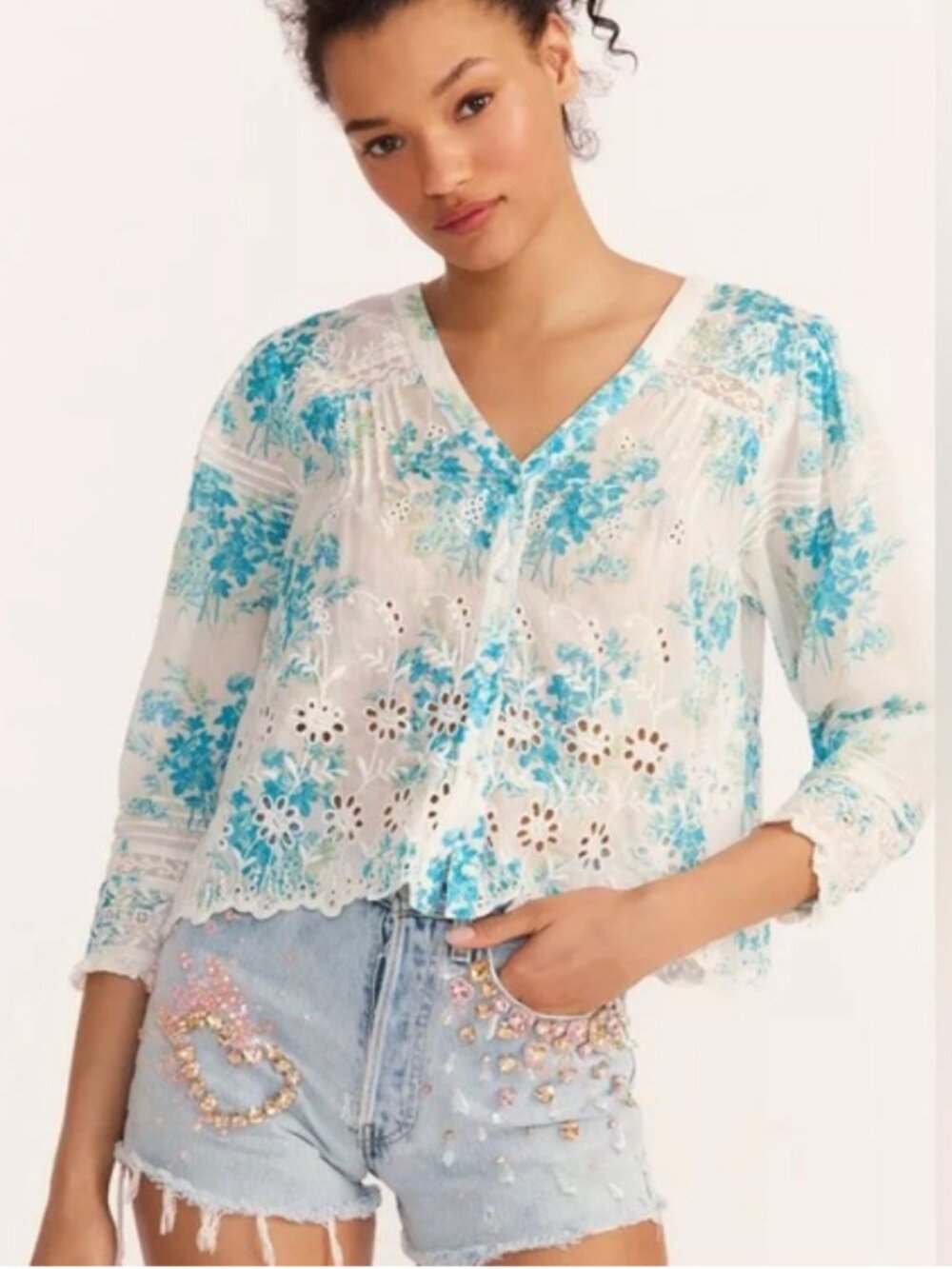 LoveShack Fancy Mauro Cotton Eyelet Blouse Magic Turquoise - Sz XS